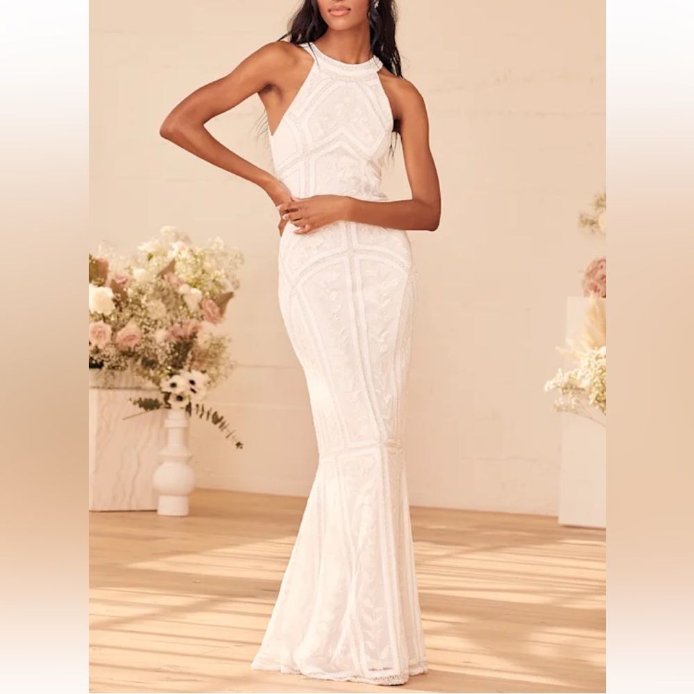 NWT Lulus Tell Me Everything White Beaded Sequin Halter Maxi Dress Size XLarge
